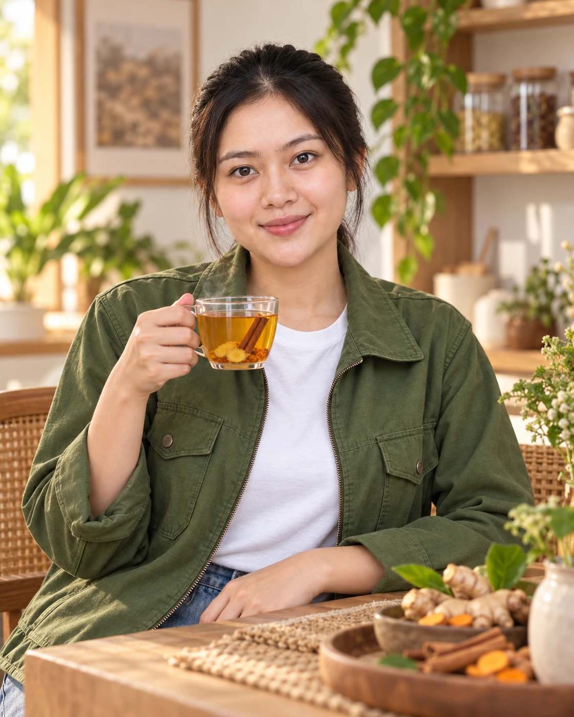 Laras LURI SALA mengenakan jaket hijau olive dan memegang secangkir wedang rempah dalam suasana hangat